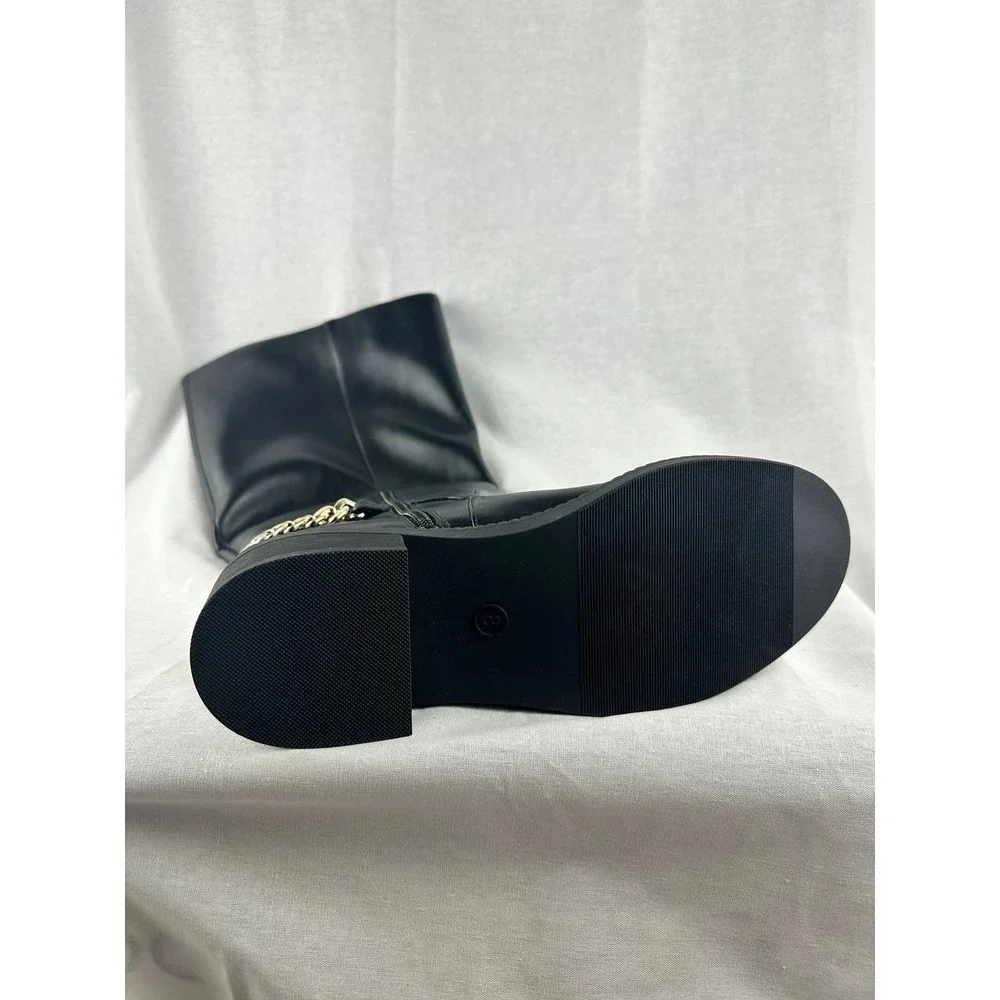 A New Day Women Black Knee High Boots‎ Silver Chain Detail Size 8 NWT